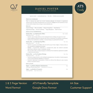 May include: A professional resume template featuring a dark green header with the name Daniel Foster and the title Chief Operations Officer. The document includes sections for profile summary, skills, executive experience, and education in black text.