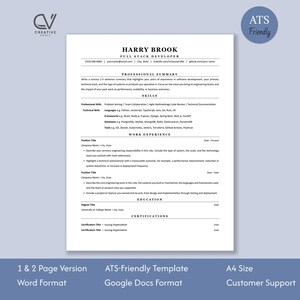 May include: A black and white resume template for a full stack developer named Harry Brook. The document includes sections for professional summary, skills, work experience, education, and certifications, with placeholders for contact information.
