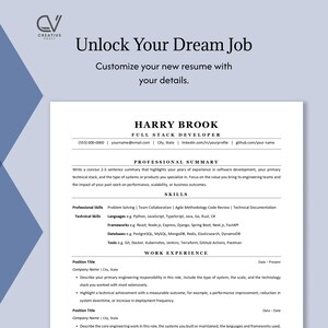 Puede incluir: Una plantilla de curr&iacute;culum con el texto Unlock Your Dream Job y Customize your new resume with your details en la parte superior. El documento incluye secciones para resumen profesional, habilidades y experiencia laboral para un desarrollador.