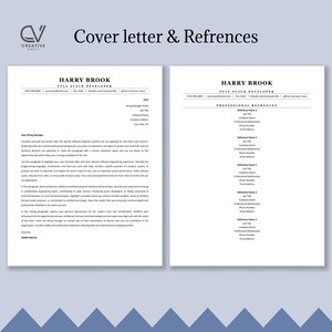 Puede incluir: Una plantilla digital para carta de presentaci&oacute;n y referencias profesionales con el nombre Harry Brook, Full Stack Developer, que incluye marcadores de posici&oacute;n para datos de contacto, texto de solicitud y cinco secciones de referencias.