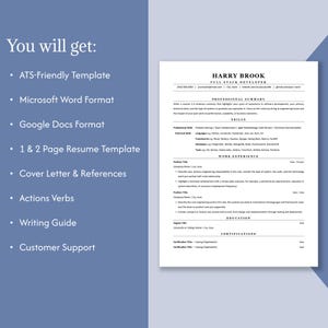 Puede incluir: Una plantilla de curr&iacute;culum digital para un desarrollador full stack llamado Harry Brook, con secciones para resumen profesional, habilidades, experiencia laboral, educaci&oacute;n y certificaciones. El texto a la izquierda enumera inclusiones como plantilla compatible con ATS, formatos de Microsoft Word y Google Docs, opciones de 1 y 2 p&aacute;ginas, carta de presentaci&oacute;n, referencias, verbos de acci&oacute;n, gu&iacute;a de escritura y atenci&oacute;n al cliente.