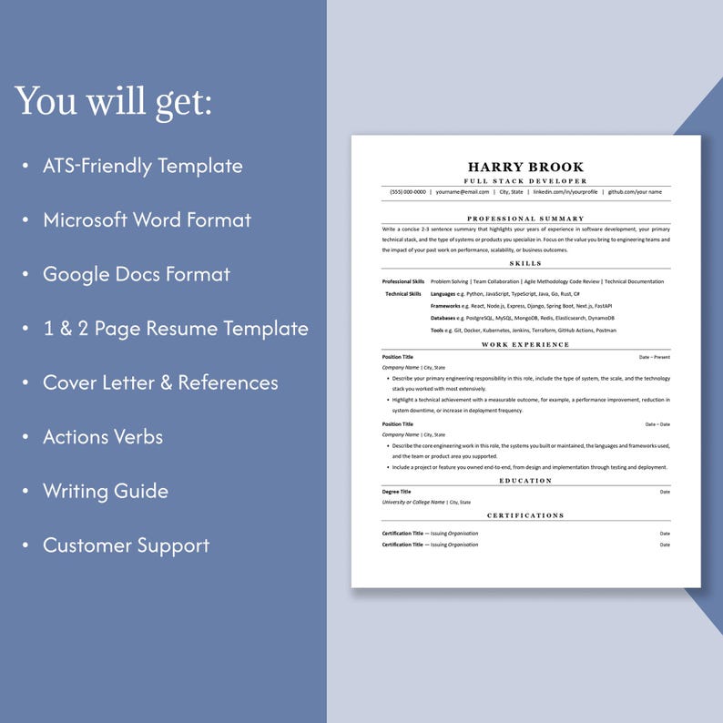 Puede incluir: Una plantilla de curr&iacute;culum digital para un desarrollador full stack llamado Harry Brook, con secciones para resumen profesional, habilidades, experiencia laboral, educaci&oacute;n y certificaciones. El texto a la izquierda enumera inclusiones como plantilla compatible con ATS, formatos de Microsoft Word y Google Docs, opciones de 1 y 2 p&aacute;ginas, carta de presentaci&oacute;n, referencias, verbos de acci&oacute;n, gu&iacute;a de escritura y atenci&oacute;n al cliente.