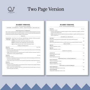 Puede incluir: Una plantilla de curr&iacute;culum de dos p&aacute;ginas para un desarrollador full stack llamado Harry Brook. El documento incluye secciones para resumen profesional, habilidades, experiencia laboral, proyectos, educaci&oacute;n y certificaciones.