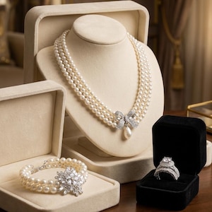 May include: An elegant jewelry set featuring a three-strand pearl necklace with a diamond bow pendant, a pearl bracelet with a diamond floral design, and a diamond ring in a black velvet box. TheEveStone logo is at the bottom.