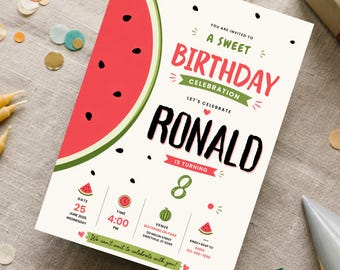 Watermelon Birthday Invitation Card, Summer Birthday Party Invite, Fruit Party Invitation, One in a Melon Theme, Printable Template
