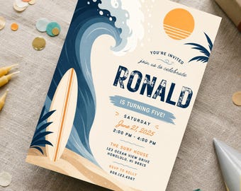 Surf Birthday Invitation Card Editable Beach Pool Party Digital Download Personalized Boys Summer Ocean Wave Water Kids Printable Template