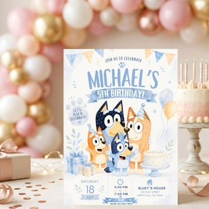 Editable Bluey birthday invitation featuring Bluey, Bingo, Bandit, and Chilli celebrating a children's birthday party with blue and cream decorations, balloons, cake, gifts, party hats, and customizable event details. Printable Canva birthday invitation template for kids with an adorable Bluey-themed design perfect for digital sharing or printing.
