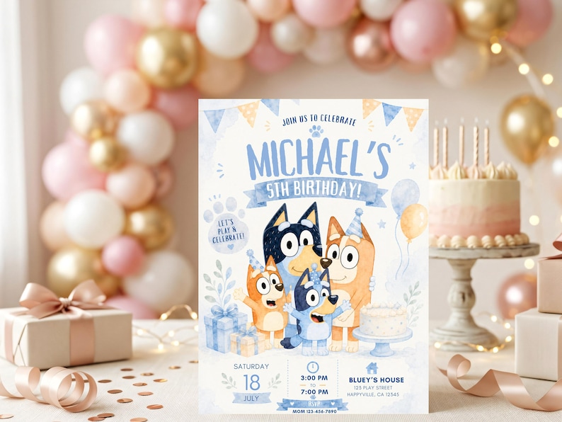 Editable Bluey birthday invitation featuring Bluey, Bingo, Bandit, and Chilli celebrating a children's birthday party with blue and cream decorations, balloons, cake, gifts, party hats, and customizable event details. Printable Canva birthday invitation template for kids with an adorable Bluey-themed design perfect for digital sharing or printing.