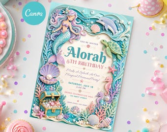 Mermaid Birthday Invitation, Under the Sea Birthday Party Invite, Printable Mermaid Party Invitation, Editable Ocean Birthday Template