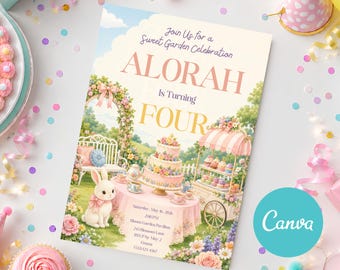 Garden Birthday Invitation, Tea Party Birthday Invitation, Bunny Birthday Invite, Floral Garden Party Invitation, Spring Birthday Evite, DIY