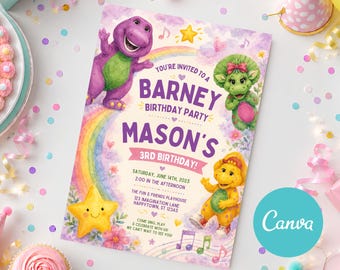 Barney Birthday Invitation Editable Barney Party Invite Dinosaur Birthday Invitation Printable Canva Template Digital Download