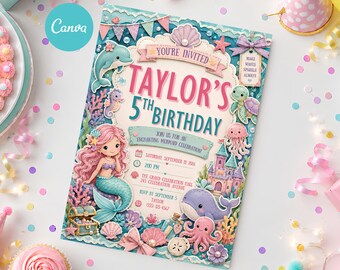 Mermaid Birthday Invitation, Editable Canva Template, Under the Sea Party Invite, Printable Mermaid Birthday Evite, Ocean Birthday