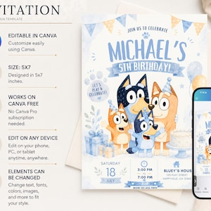 Editable Bluey birthday invitation featuring Bluey, Bingo, Bandit, and Chilli celebrating a children's birthday party with blue and cream decorations, balloons, cake, gifts, party hats, and customizable event details. Printable Canva birthday invitation template for kids with an adorable Bluey-themed design perfect for digital sharing or printing.
