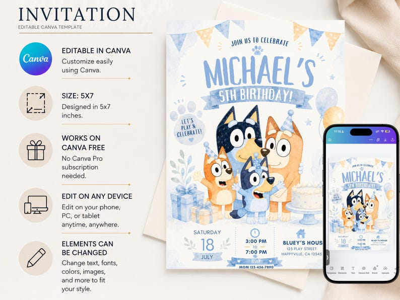 Editable Bluey birthday invitation featuring Bluey, Bingo, Bandit, and Chilli celebrating a children's birthday party with blue and cream decorations, balloons, cake, gifts, party hats, and customizable event details. Printable Canva birthday invitation template for kids with an adorable Bluey-themed design perfect for digital sharing or printing.
