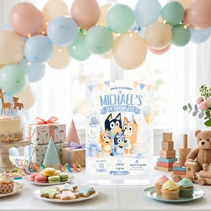 Editable Bluey birthday invitation featuring Bluey, Bingo, Bandit, and Chilli celebrating a children's birthday party with blue and cream decorations, balloons, cake, gifts, party hats, and customizable event details. Printable Canva birthday invitation template for kids with an adorable Bluey-themed design perfect for digital sharing or printing.