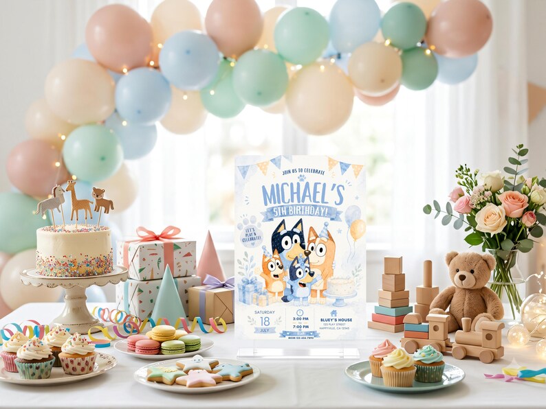 Editable Bluey birthday invitation featuring Bluey, Bingo, Bandit, and Chilli celebrating a children's birthday party with blue and cream decorations, balloons, cake, gifts, party hats, and customizable event details. Printable Canva birthday invitation template for kids with an adorable Bluey-themed design perfect for digital sharing or printing.