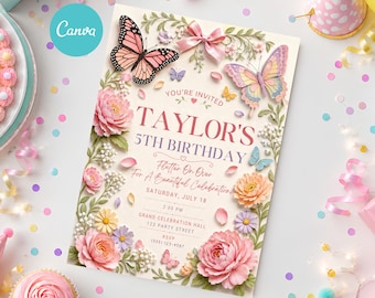Butterfly Birthday Invitation, Floral Garden Birthday Party Invite, Printable Pink Butterfly Birthday Invitation, Editable Template