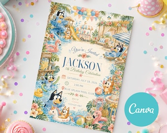 Bluey Pool Party Birthday Invitation, Bluey Birthday Invitation, Bluey Pool Birthday Invite, Bluey Summer Party Evite, Bluey DIY Card