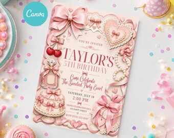 Coquette Birthday Invitation, Pink Bow Birthday Party Invite, Printable Coquette Birthday Invitation, Editable Girly Birthday Template