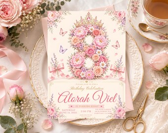 Floral Butterfly Princess 8th Birthday Invitation Card Editable Digital Download Pink Girl Eighth Party Rose Garden Sweet Printable Template