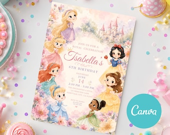 Cute Disney Princess Birthday Invitation Card Disney Princess Party Evite DIY Royal Princess Birthday Invite Fairytale Castle Girl Birthday