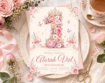 Floral Princess First Birthday Invitation Card Rose Garden Butterfly Theme Editable Digital Download Pink Girl 1st Party Printable Template