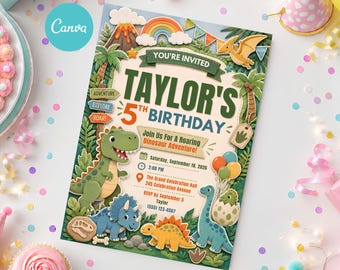Dinosaur Birthday Invitation, Editable Canva Template, Dinosaur Party Invite, Printable Dino Birthday Evite, Roar Birthday Invitation