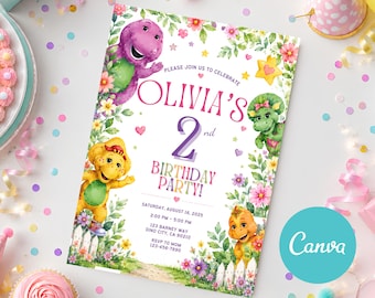 Barney and Friends Birthday Invitation Card Barney Party Evite DIY Baby Bop BJ Riff Purple Dinosaur Digital Download Pastel Cute Watercolor