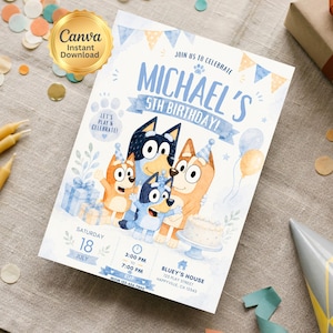 Editable Bluey birthday invitation featuring Bluey, Bingo, Bandit, and Chilli celebrating a children's birthday party with blue and cream decorations, balloons, cake, gifts, party hats, and customizable event details. Printable Canva birthday invitation template for kids with an adorable Bluey-themed design perfect for digital sharing or printing.