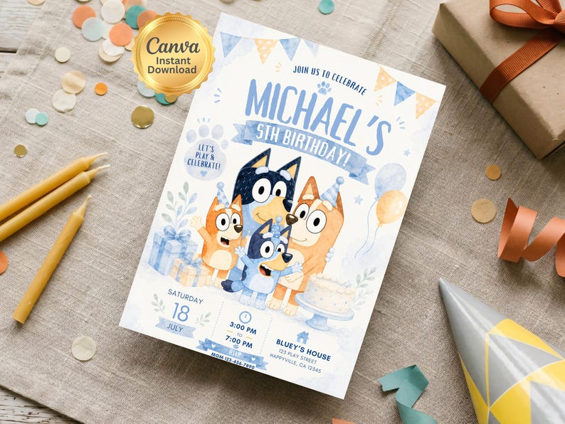 Editable Bluey birthday invitation featuring Bluey, Bingo, Bandit, and Chilli celebrating a children's birthday party with blue and cream decorations, balloons, cake, gifts, party hats, and customizable event details. Printable Canva birthday invitation template for kids with an adorable Bluey-themed design perfect for digital sharing or printing.