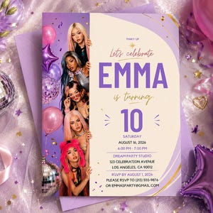 Könnte beinhalten: Eine rechteckige Geburtstagseinladungskarte mit einer vertikalen Reihe von fünf jungen Menschen mit buntem Haar auf violettem Grund. Die rechte Seite ist cremefarben und mit violettem Text bedruckt: Let's celebrate EMMA is turning 10.