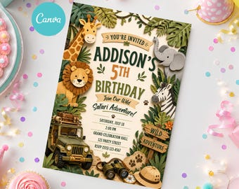 Safari Birthday Invitation, Jungle Safari Party Invite, Printable Wild Animal Birthday Invitation, Editable Safari Adventure Template