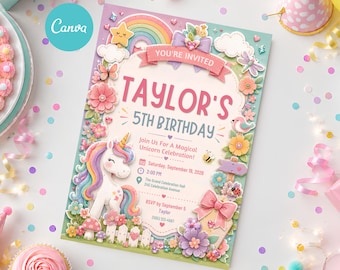 Unicorn Birthday Invitation, Editable Canva Template, Unicorn Party Invite, Printable Pink Rainbow Birthday Evite, DIY Invitation