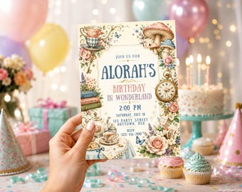 Alice in Wonderland Birthday Invitation, Wonderland Tea Party Invitation, Whimsical Tea Party Invite, Vintage Storybook Birthday Card