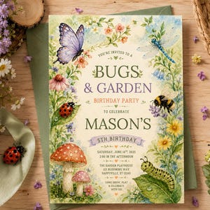 Bugs and Garden Birthday Invitation: Watercolor Wildflower Party Invite (Digital Download)
