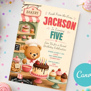 Teddy Bear Birthday Invitation, Bakery Birthday Invite, Sweet Shop Party Invitation, Bake Shop Birthday Evite, Cake Party DIY Card