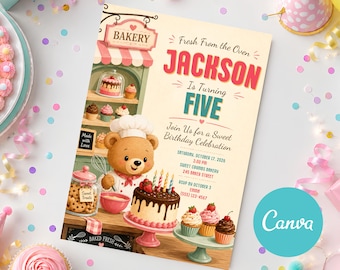 Teddy Bear Birthday Invitation, Bakery Birthday Invite, Sweet Shop Party Invitation, Bake Shop Birthday Evite, Cake Party DIY Card