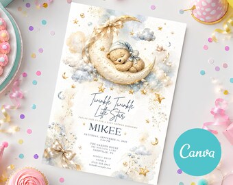 Twinkle Twinkle Little Star Baby Shower Invitation, Moon Bear Cute Baby Shower Invite, Celestial Baby Shower Card, Neutral Baby Evite DIY