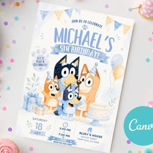 Editable Bluey birthday invitation featuring Bluey, Bingo, Bandit, and Chilli celebrating a children's birthday party with blue and cream decorations, balloons, cake, gifts, party hats, and customizable event details. Printable Canva birthday invitation template for kids with an adorable Bluey-themed design perfect for digital sharing or printing.