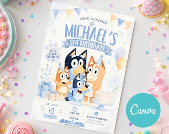 Bluey Pastel Birthday Invitation Editable Bluey Party Invite Blue Dog Birthday Invitation Printable Canva Template Digital Download