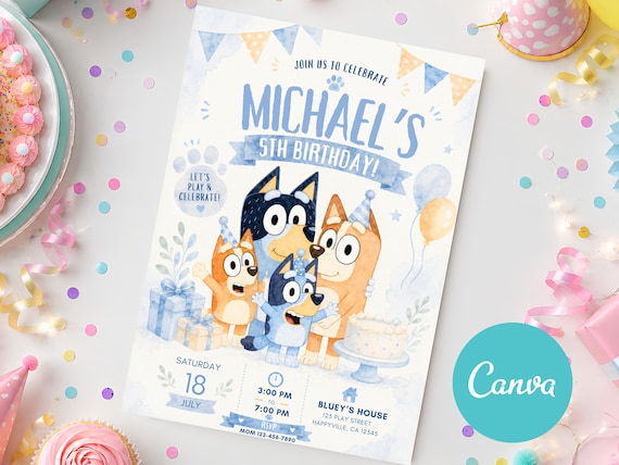 Bluey Pastel Birthday Invitation Editable Bluey Party Invite Blue Dog Birthday Invitation Printable Canva Template Digital Download