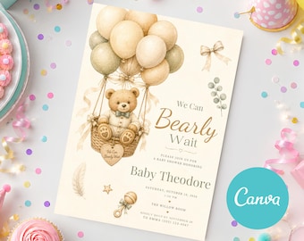 Bearly Wait Baby Shower Invitation, Teddy Bear Baby Shower Invite, Neutral Baby Shower Card, Bear Baby Sprinkle Evite, Balloon Baby Shower