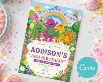 Barney Birthday Invitation Editable Barney Party Invite Dinosaur Birthday Invitation Printable Canva Template Digital Download