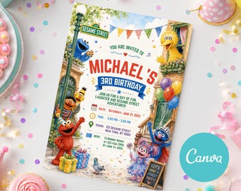 Sesame Street Birthday Invitation Card Elmo Cookie Monster Big Bird Abby Cadabby Evite DIY First Birthday Party Invitation