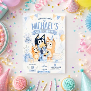 Editable Bluey birthday invitation featuring Bluey, Bingo, Bandit, and Chilli celebrating a children's birthday party with blue and cream decorations, balloons, cake, gifts, party hats, and customizable event details. Printable Canva birthday invitation template for kids with an adorable Bluey-themed design perfect for digital sharing or printing.