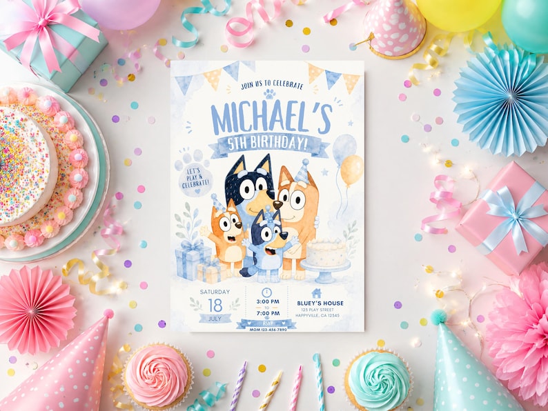 Editable Bluey birthday invitation featuring Bluey, Bingo, Bandit, and Chilli celebrating a children's birthday party with blue and cream decorations, balloons, cake, gifts, party hats, and customizable event details. Printable Canva birthday invitation template for kids with an adorable Bluey-themed design perfect for digital sharing or printing.