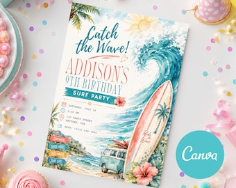 Surf Birthday Invitation, Beach Birthday Invitation, Surf Party Invite, Beach Party Invitation, Summer Birthday Evite, Tropical Bday Card