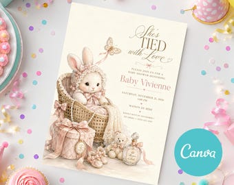 She's Tied with Love Baby Shower Invitation, Bunny Baby Shower Invite, Coquette Baby Shower Card, Pink Bow Baby Sprinkle Evite, Vintage