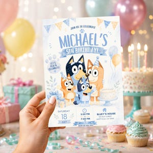 Editable Bluey birthday invitation featuring Bluey, Bingo, Bandit, and Chilli celebrating a children's birthday party with blue and cream decorations, balloons, cake, gifts, party hats, and customizable event details. Printable Canva birthday invitation template for kids with an adorable Bluey-themed design perfect for digital sharing or printing.