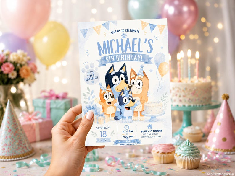 Editable Bluey birthday invitation featuring Bluey, Bingo, Bandit, and Chilli celebrating a children's birthday party with blue and cream decorations, balloons, cake, gifts, party hats, and customizable event details. Printable Canva birthday invitation template for kids with an adorable Bluey-themed design perfect for digital sharing or printing.